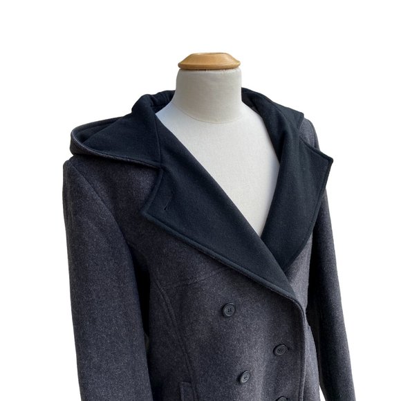 Esprit Wool Hooded Pea Coat Gray Outerwear Nautical Neutral Classic Preppy-L - Picture 5 of 14